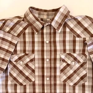Vintage U.S. Expedition neutral cotton plaid, pearl snap button-up. Large.
